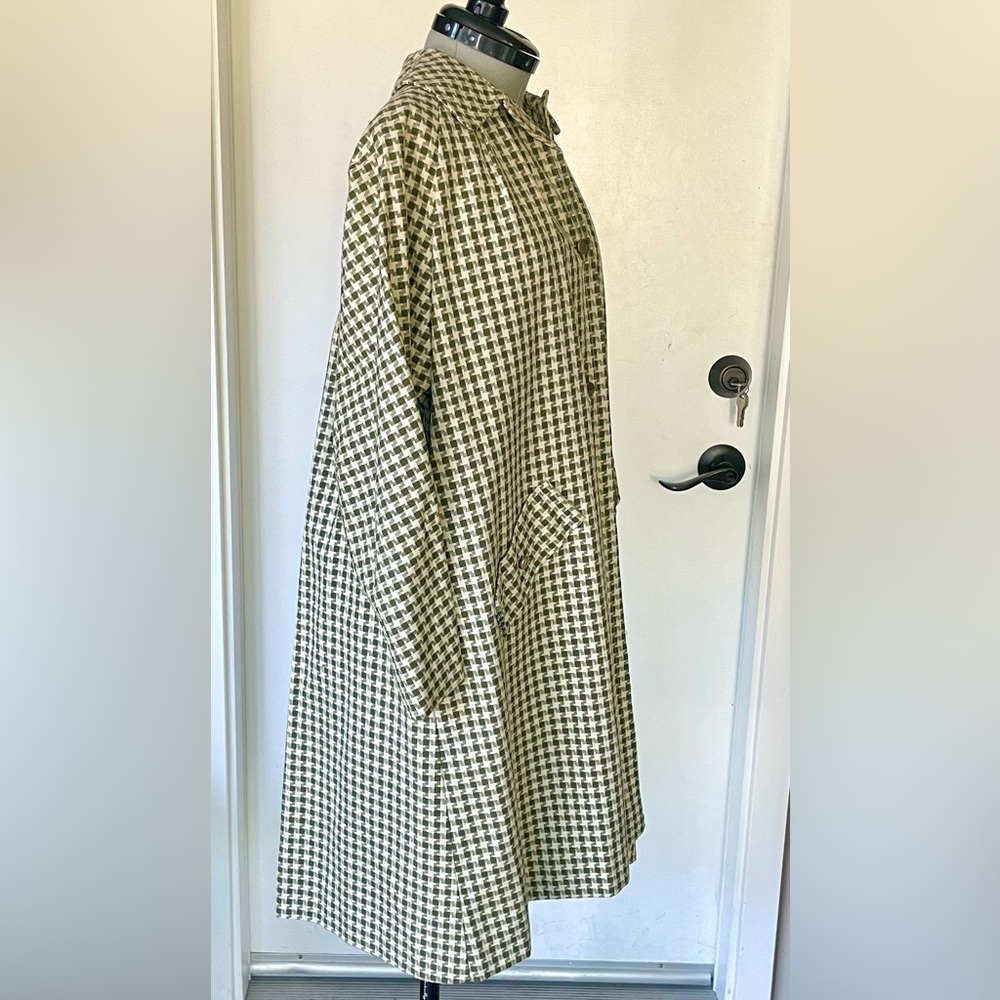 Vintage checkered swingcoat/trench, Drk olive green and white, pockets, GUC - Picture 3 of 13